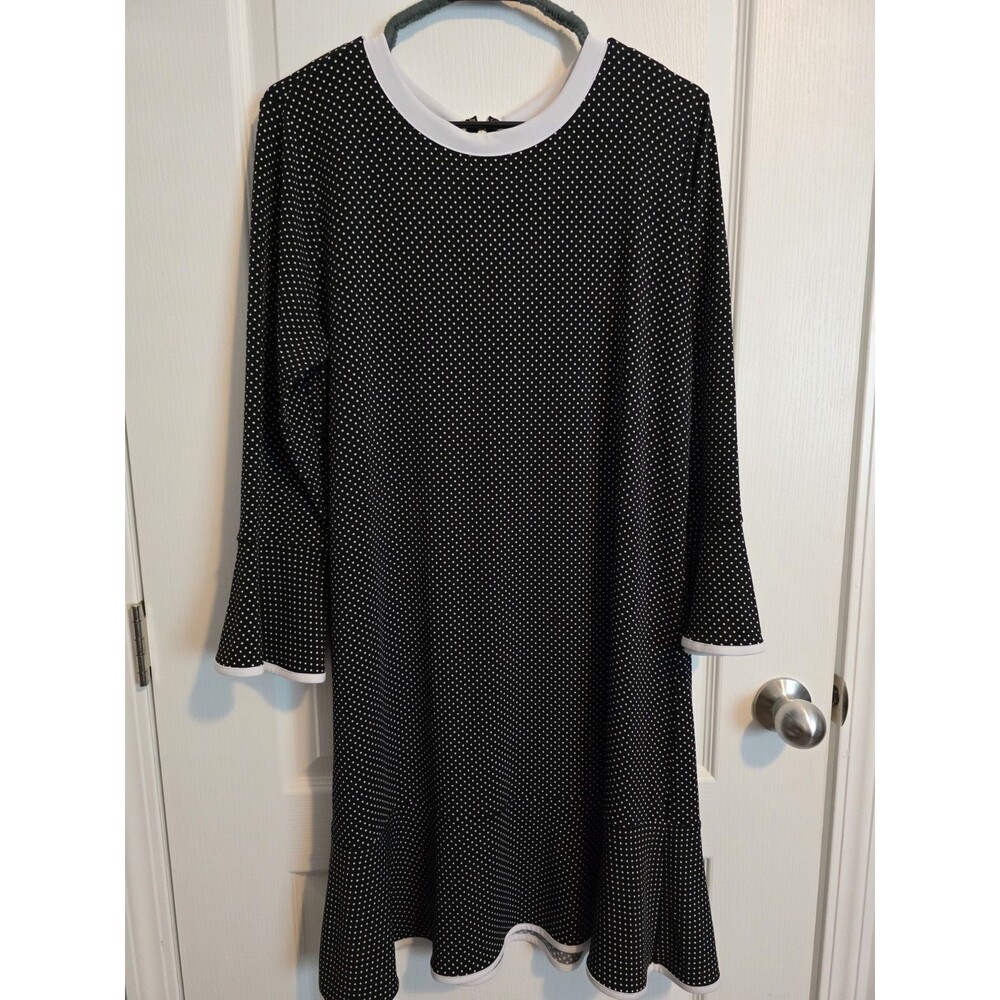 MICHAEL Kors Black White Polka Dot Knit A-Line Dress Crew Neck 3/4 Sleeve